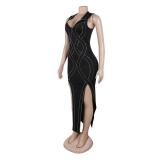 Black Sleeveless V Neck Rhinestones Irregular Slit Midi Dress