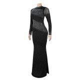 Black Long Sleeve Backless Mesh Sexy Bodycon Evening Formal Dress