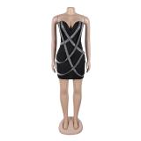 Black Off Shoulder V Neck Rhinestones Bodycon Clubwear