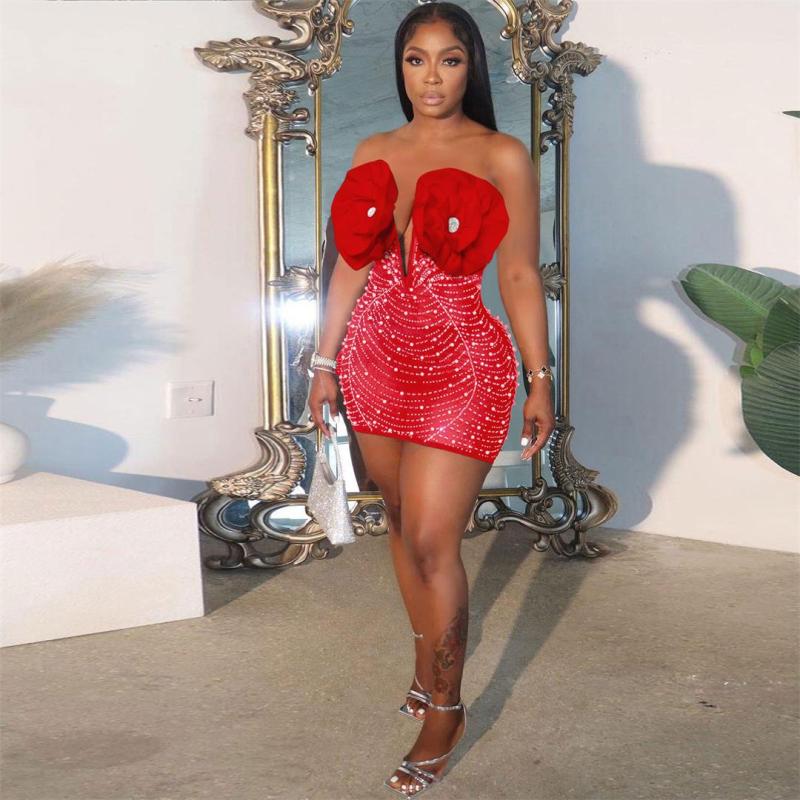 Red Low Cut V Neck Mesh Rhinestones See Through Club Dress