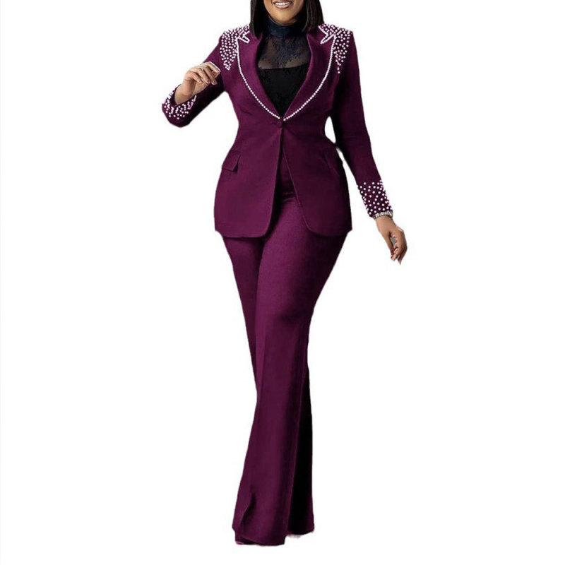 Purple Pearls Long Sleeve Two Pieces Pant Sets Slim Fit Two-Piece Stretch Suit