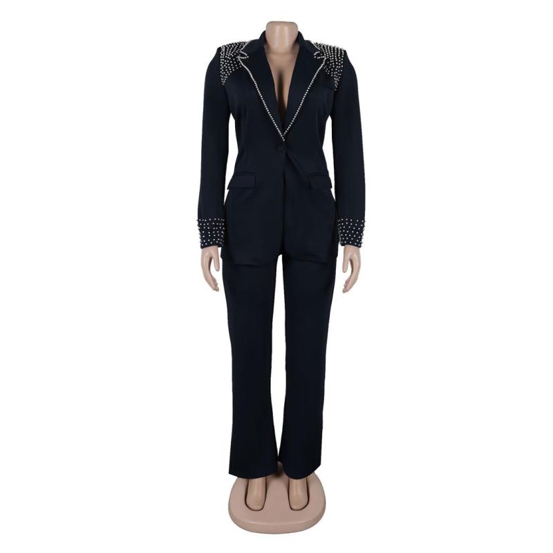 Royal Blue Pearls Long Sleeve Two Pieces Pant Sets Slim Fit Two-Piece Stretch Suit