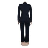 Royal Blue Pearls Long Sleeve Two Pieces Pant Sets Slim Fit Two-Piece Stretch Suit