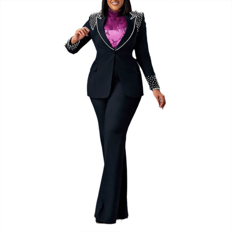 Royal Blue Pearls Long Sleeve Two Pieces Pant Sets Slim Fit Two-Piece Stretch Suit