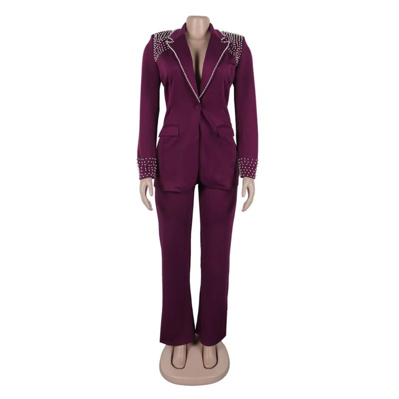 Purple Pearls Long Sleeve Two Pieces Pant Sets Slim Fit Two-Piece Stretch Suit
