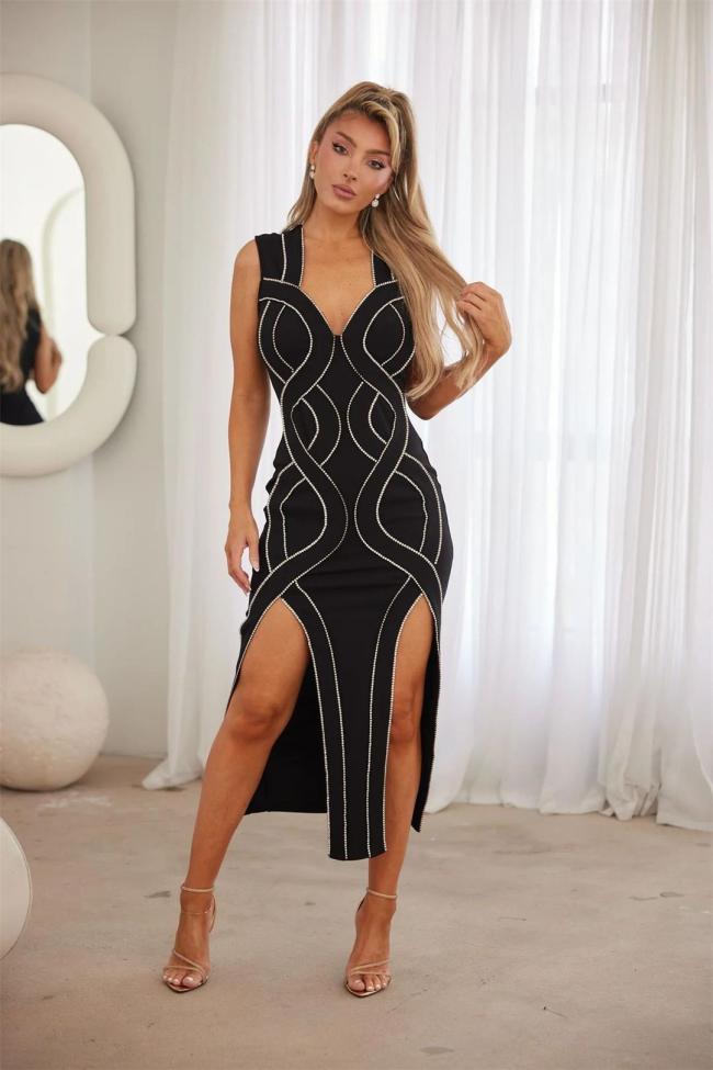 Black Sleeveless V Neck Rhinestones Irregular Slit Midi Dress