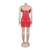 Red Low Cut V Neck Mesh Rhinestones See Through Club Dress
