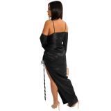 Black Straps Low Cut Pleated High Slit Sexy Party Midi Dress