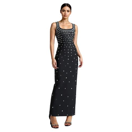 Black Halter Low Cut Diamonds Elegant Party Prom Maxi Dress