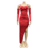 Red Straps Low Cut Pleated High Slit Sexy Party Midi Dress