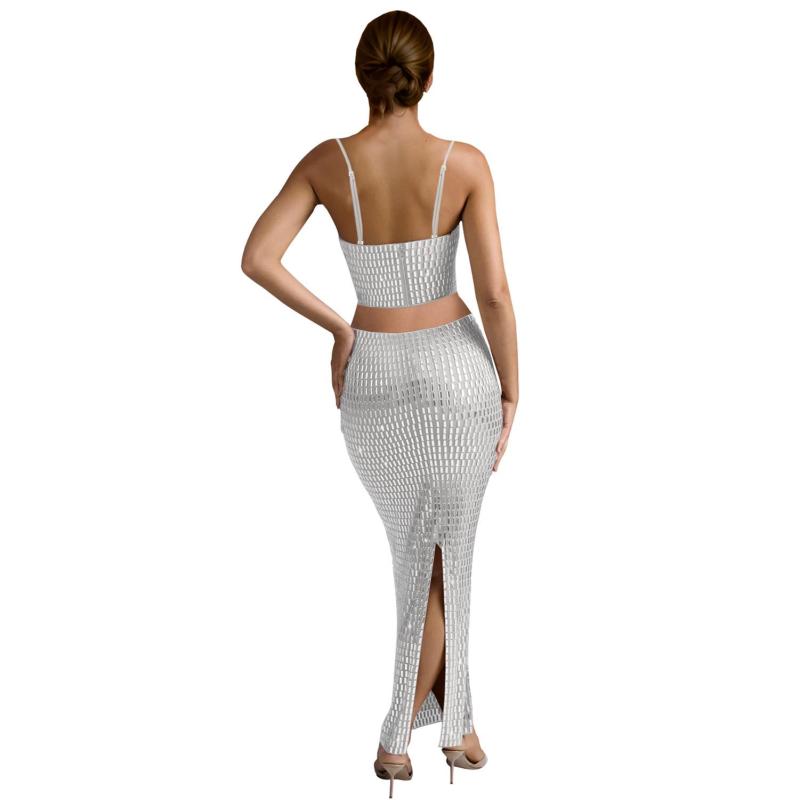 White Two Pieces Straps Diamonds Tops with Bodycon Elegant Long Skirt Sets