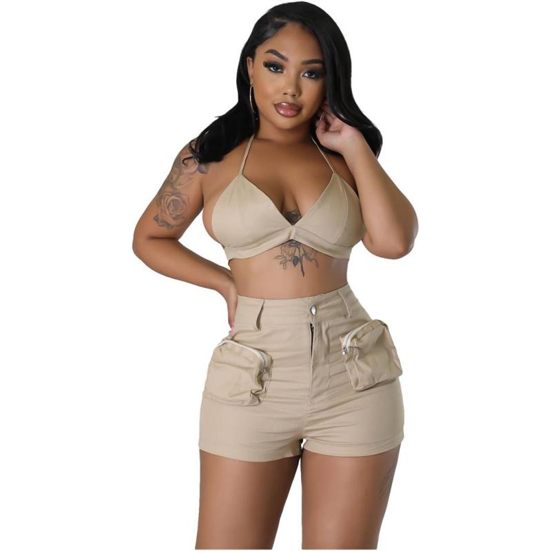 Khaki Two Pieces Strapless Bra with Cargo Pocket Short Sets
