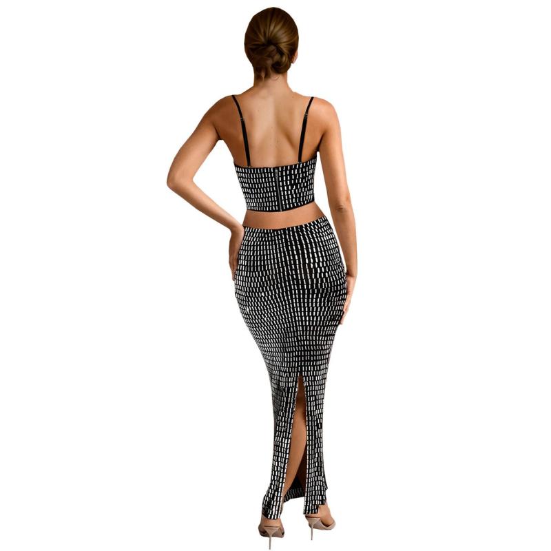 Black Two Pieces Straps Diamonds Tops with Bodycon Elegant Long Skirt Sets