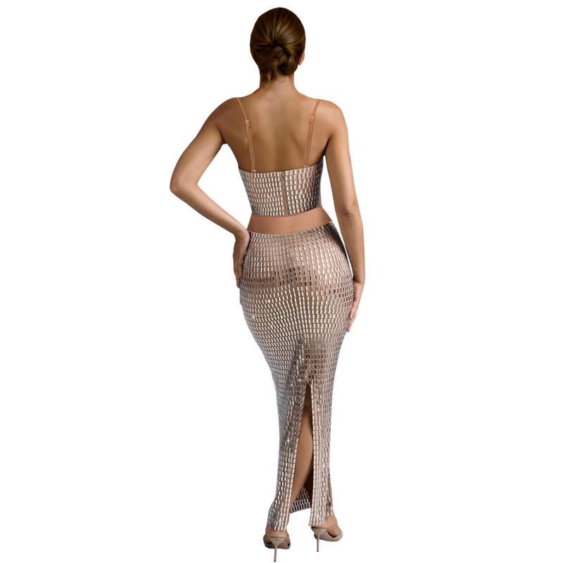 Beige Two Pieces Straps Diamonds Tops with Bodycon Elegant Long Skirt Sets