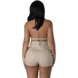 Khaki Two Pieces Strapless Bra with Cargo Pocket Short Sets