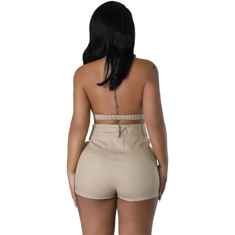 Khaki Two Pieces Strapless Bra with Cargo Pocket Short Sets