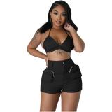 Black Two Pieces Strapless Bra with Cargo Pocket Short Sets