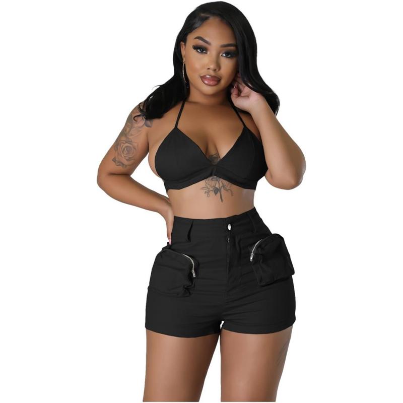 Black Two Pieces Strapless Bra with Cargo Pocket Short Sets