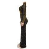Gold Long Sleeve Elegant Diamonds Mesh Sexy Women Prom Formal Long Dress