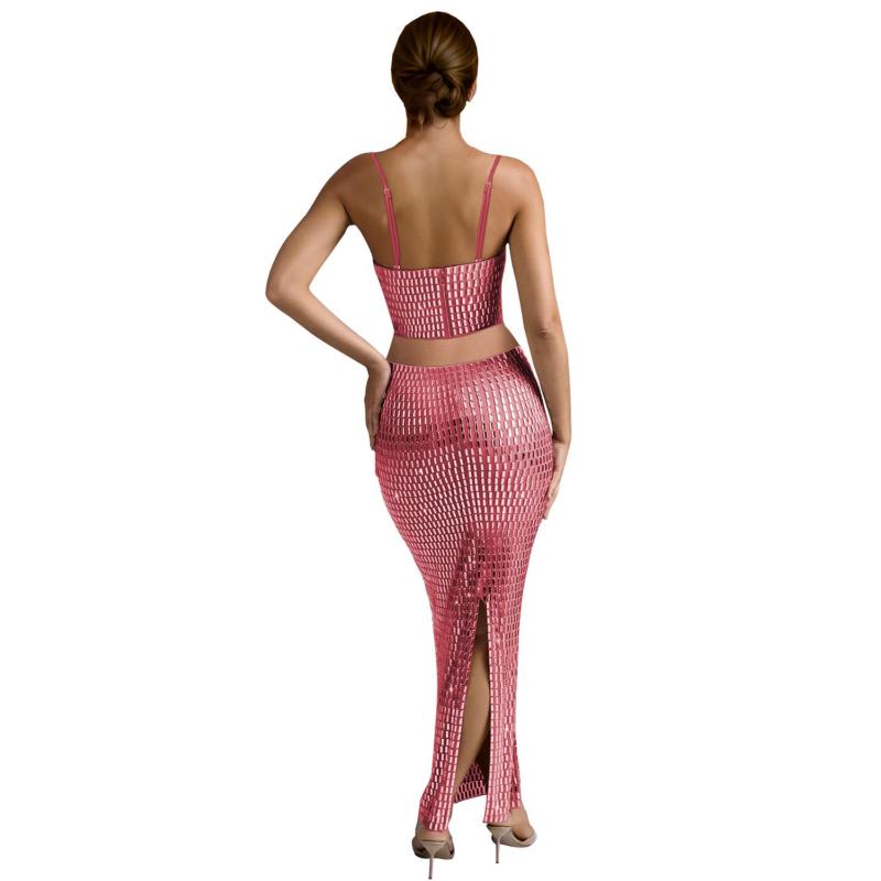 Pink Two Pieces Straps Diamonds Tops with Bodycon Elegant Long Skirt Sets