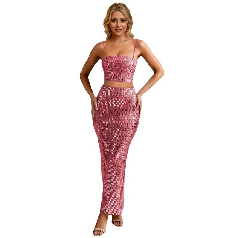 Pink Two Pieces Straps Diamonds Tops with Bodycon Elegant Long Skirt Sets