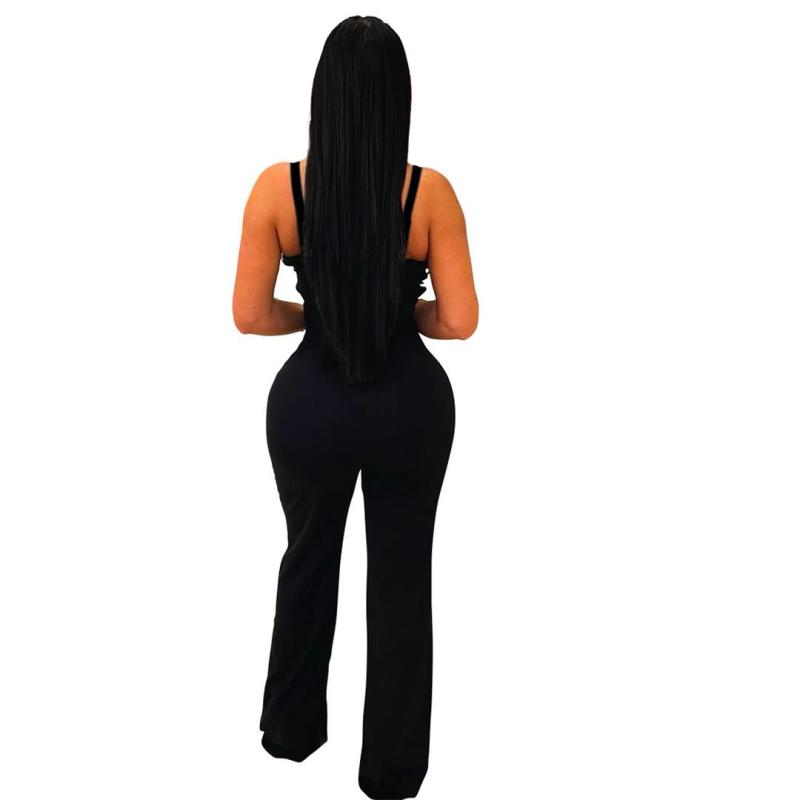Black Sleeveless Straps Irregular V Neck Patchwork Bodycon Sexy Jumpsuit
