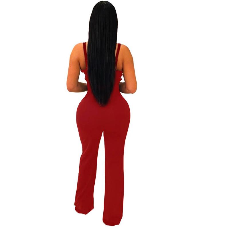 Black Sleeveless Straps Irregular V Neck Patchwork Bodycon Sexy Jumpsuit