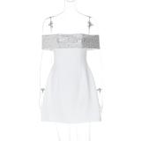 White Off Shoulder Sequins Slim Fit Sexy Pleated Skirt Mini Dress
