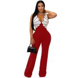 Black Sleeveless Straps Irregular V Neck Patchwork Bodycon Sexy Jumpsuit