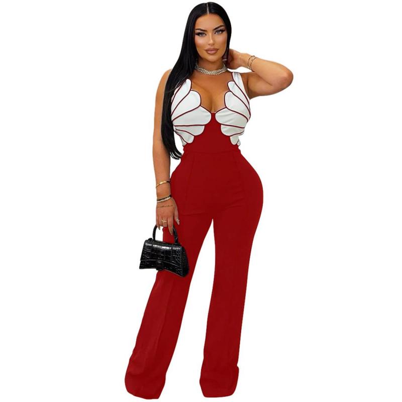 Black Sleeveless Straps Irregular V Neck Patchwork Bodycon Sexy Jumpsuit