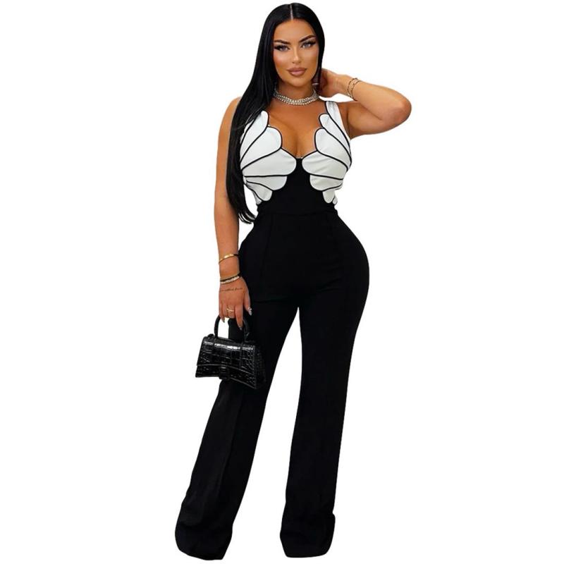 Black Sleeveless Straps Irregular V Neck Patchwork Bodycon Sexy Jumpsuit