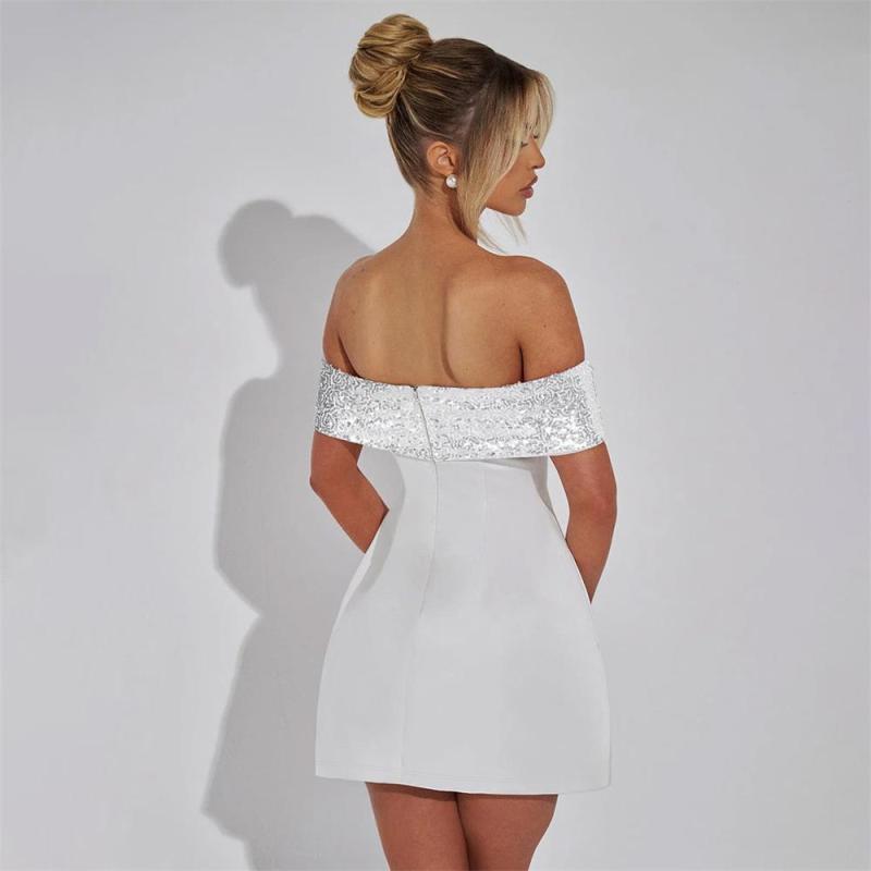 White Off Shoulder Sequins Slim Fit Sexy Pleated Skirt Mini Dress