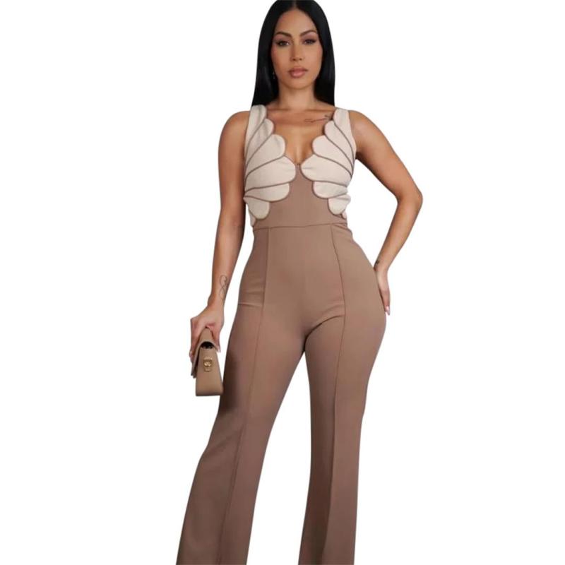 Khaki Sleeveless Straps Irregular V Neck Patchwork Bodycon Sexy Jumpsuit 001