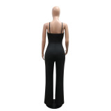 Black Sleeveless Straps Irregular V Neck Patchwork Bodycon Sexy Jumpsuit