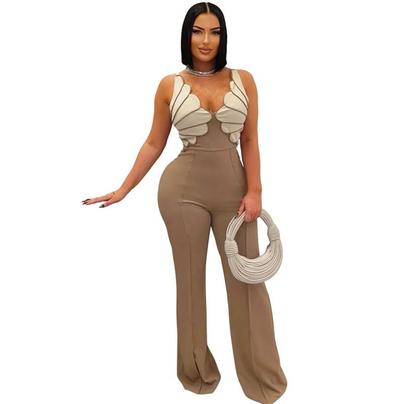Khaki Sleeveless Straps Irregular V Neck Patchwork Bodycon Sexy Jumpsuit 001