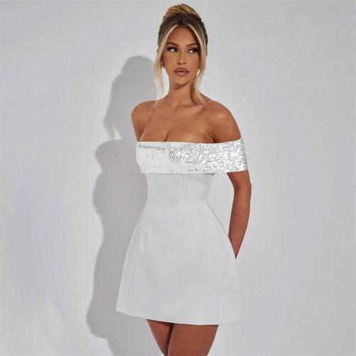 White Off Shoulder Sequins Slim Fit Sexy Pleated Skirt Mini Dress