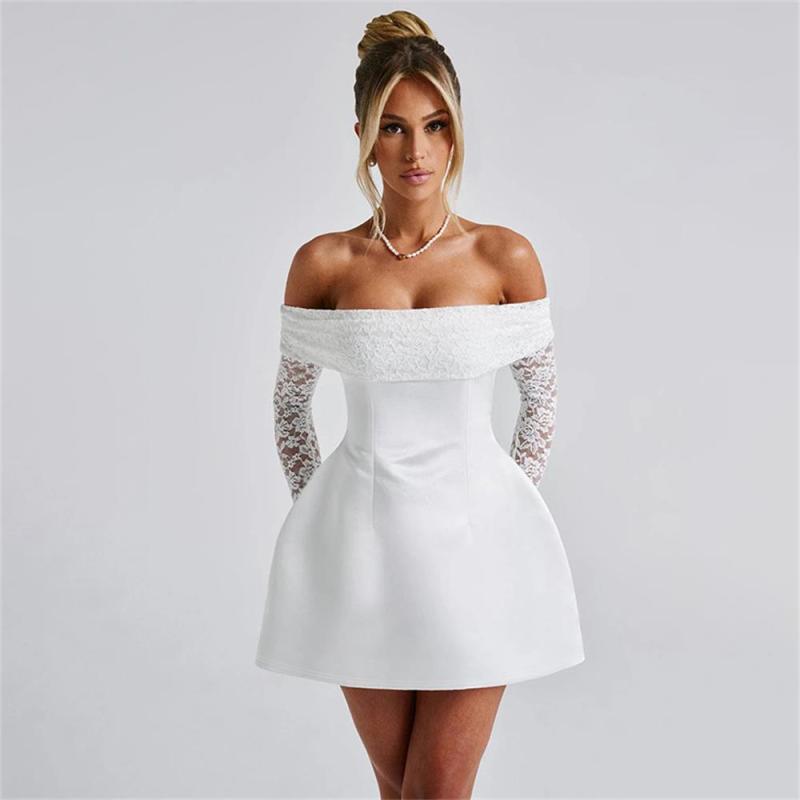 White Off the Shoulder Long Sleeve Lace Hollow Out Slim Girl's Skirt Dress