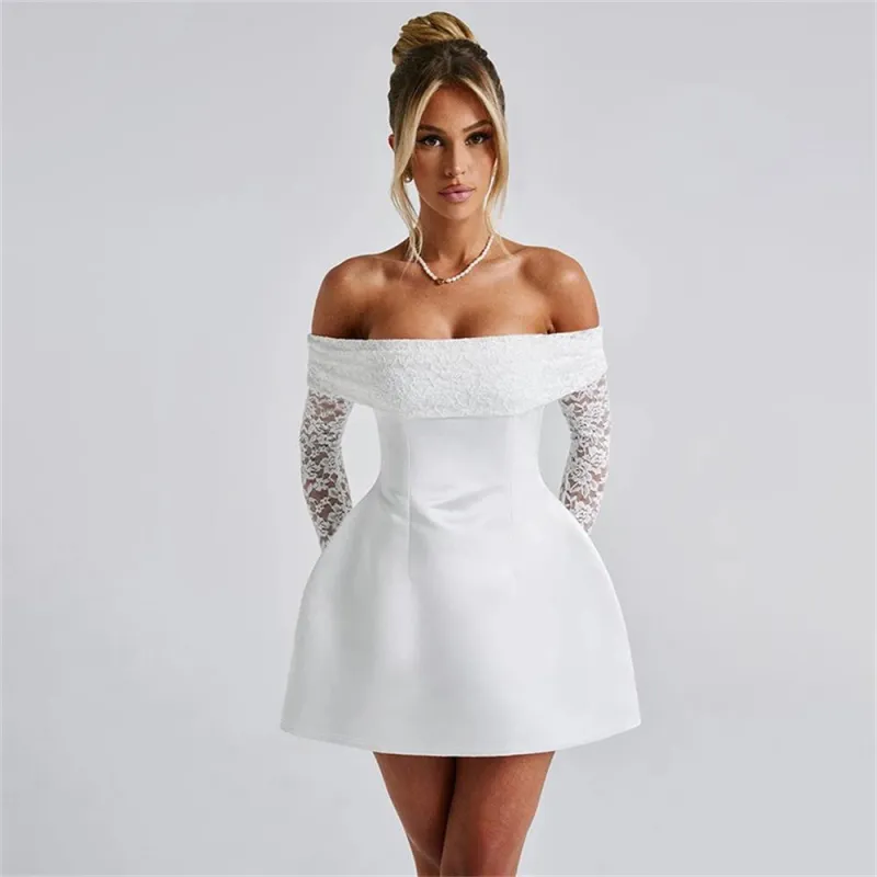 White Off the Shoulder Long Sleeve Lace Hollow Out Slim Girl's Skirt Dress