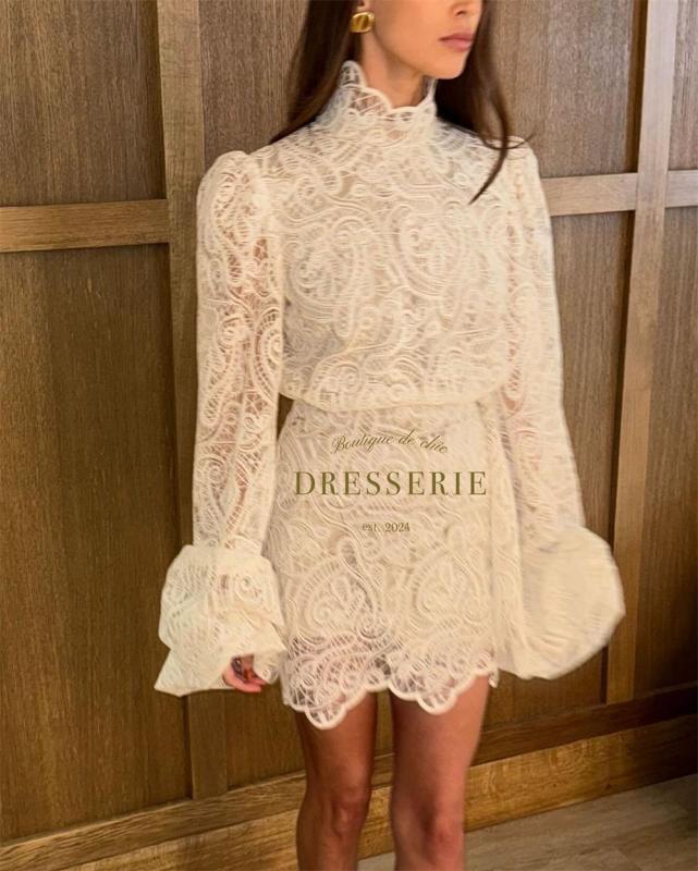 White Lace Hollow Out Fashion Bell Sleeve High Neck Embroidered Two-Piece Sets