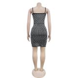 Black Straps Boat V Neck Diamonds Bodycon Party Mini Dress