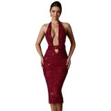 Red Sleeveless Deep V Neck Sequins Halter Split Elegant Midi Dress