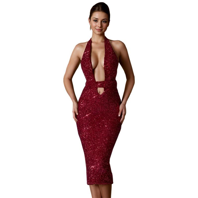 Red Sleeveless Deep V Neck Sequins Halter Split Elegant Midi Dress