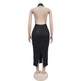 Black Sleeveless Deep V Neck Sequins Halter Split Elegant Midi Dress