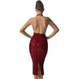 Red Sleeveless Deep V Neck Sequins Halter Split Elegant Midi Dress