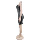 Black Straps Boat V Neck Diamonds Bodycon Party Mini Dress