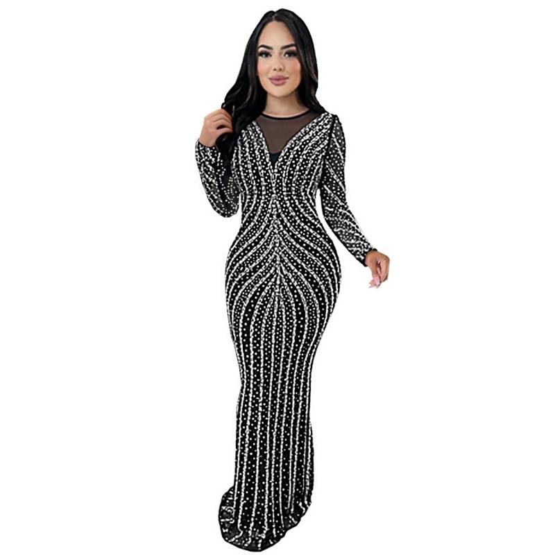 Black Long Sleeve Mesh Diamonds Elegant Evening Gowns Slim Long Dress