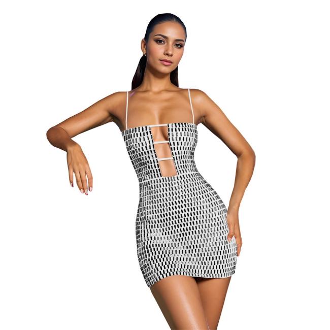 White Straps Boat V Neck Diamonds Bodycon Party Mini Dress