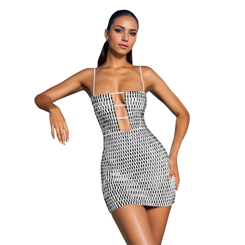 White Straps Boat V Neck Diamonds Bodycon Party Mini Dress