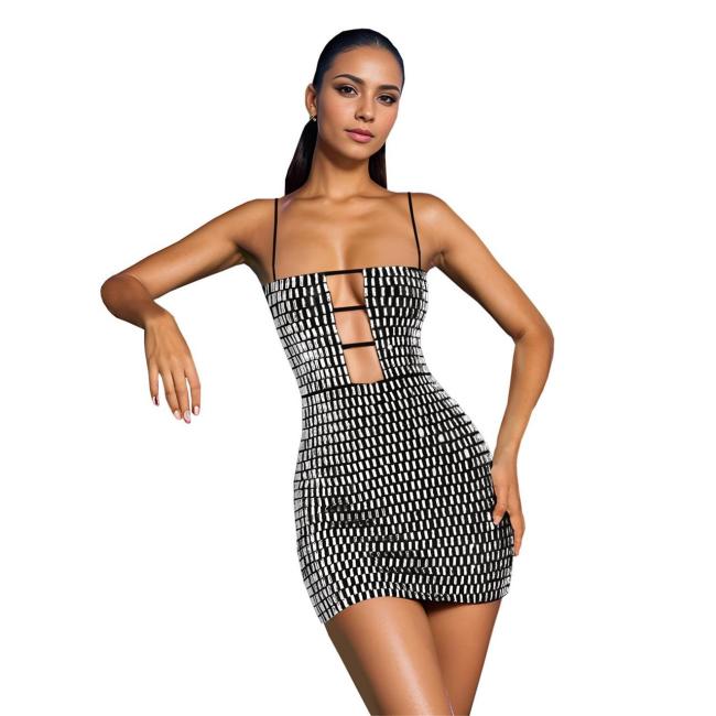 Black Straps Boat V Neck Diamonds Bodycon Party Mini Dress
