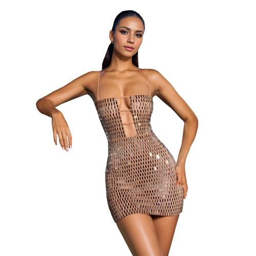 Beige Straps Boat V Neck Diamonds Bodycon Party Mini Dress